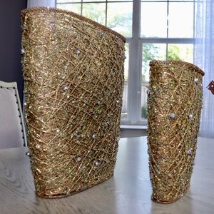TWO VINTAGE GOLD WIRE MESH BASKETS WITH GLITTER AND BEADING